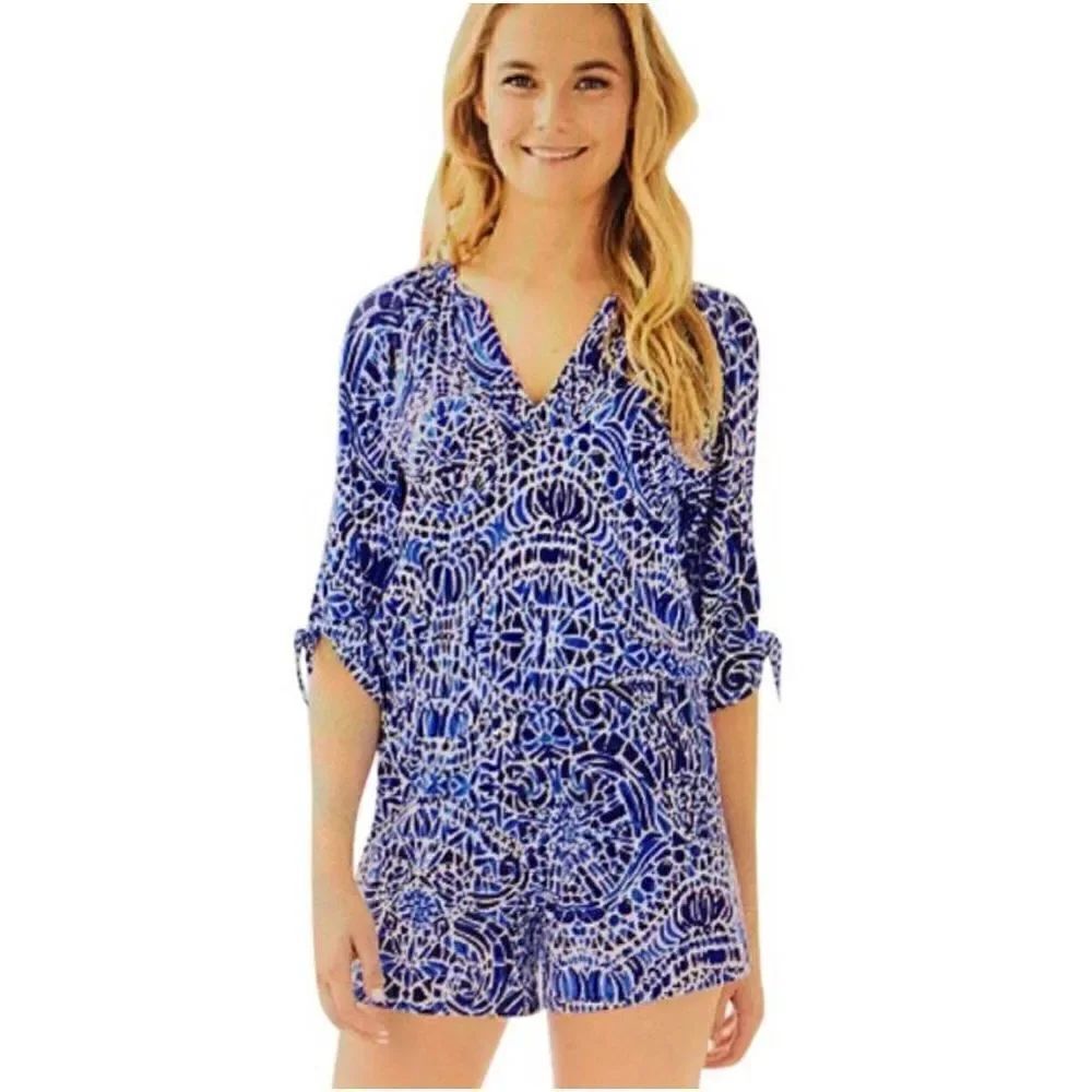 Lilly Pulitzer Cobalt Blue Bryce Bright Navy Taverna Tile Allover Romper Siz XXS - Picture 2 of 11